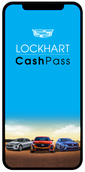 iPhone with CashPass splash screen displayed for Lockhart Cadillac