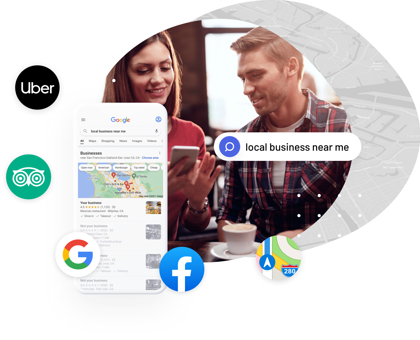 Dashboard mockup smiling users looking at Google search results