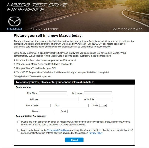 Test Drive Promotion portal showing customer data collection form.